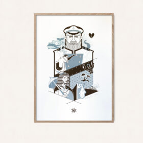 Signierter Siebdruck mit Kapitänsillustration im Eiche-Holzrahmen aus dem KOJE Design-Shop